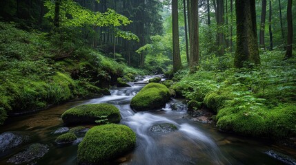 Obraz premium A serene forest scene featuring a flowing stream, moss-covered rocks, and lush greenery, evoking a sense of tranquility and connection with nature.