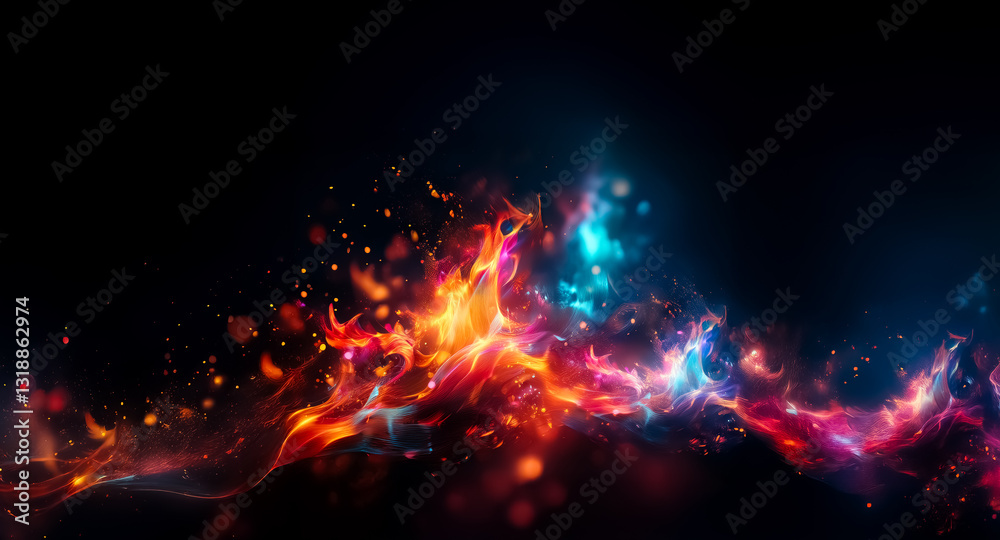 Poster Abstract vibrant wave with fiery and ethereal elements against a dark backdrop. Dynamic flow of bright colors, sparks, and luminous energy creates an artistic and abstract design.