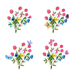 Composition of wild flowers and clover flowers with colorful butterflies, dragonflies. Isolated hand-drawn watercolor illustration. Template for postcard, embroidery, sticker