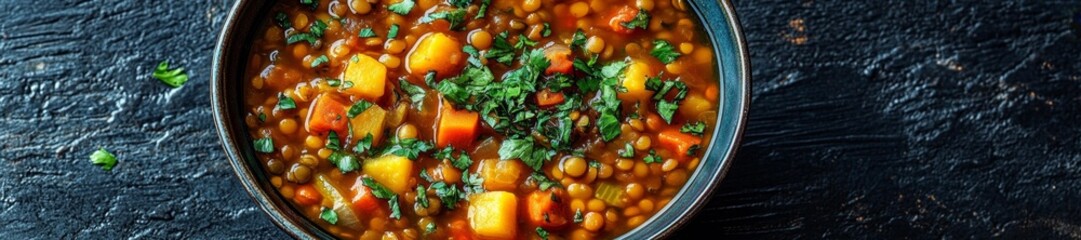 Colorful Lentil and Vegetable Stew Served in a Deep Bowl with Fresh Herbs. Generative AI