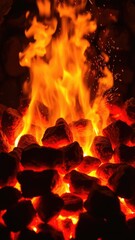 Glowing coals crackle with sparks in the fireplace, intense, growl, crackle