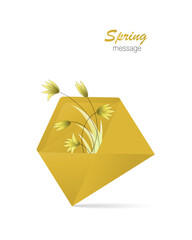 Letter. Spring greeting. Vector message. Open envelope with letter. Tulips, spring flowers. Concept 