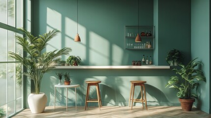 Elegant room featuring serene light green walls complementing polished wooden floors; harmonious design creates a cozy and inviting atmosphere