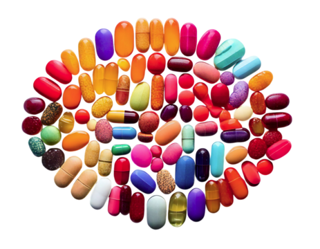Vibrant assortment of colorful pills and capsules arranged in a circular pattern on a white background.  A captivating visual metaphor for health, wellness, or medication.