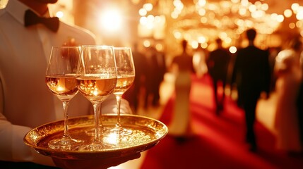 Elegant Evening: A poised waiter carries a tray of champagne flutes through a glamorous, softly lit social gathering. capturing the essence of celebration and luxury