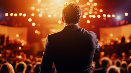Inspiring Keynote Speaker: A distinguished speaker, viewed from behind, commands the stage at a conference or event. bathed in a golden glow, engaging a large, attentive audience.