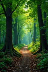 Obraz premium Forest path with tree roots and fallen branches, nature, path