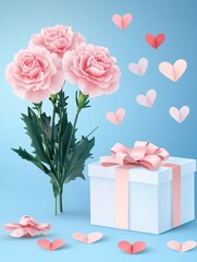 Pink roses in a vase with hearts flying around it.