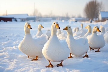 Fototapeta premium Flock of white ducks walking on snow on sunny winter day in rural landscape