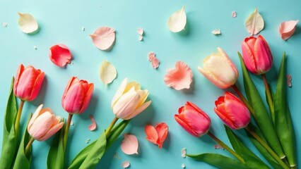 Obraz premium Pastel Tulips and Delicate Petals on a Light Blue Background A Springtime Floral Arrangement