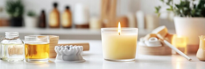 A collection of natural wellness items including candles, essential oils, and handmade soaps.