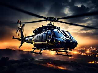 Black Helicopter Flying Over City at Sunset