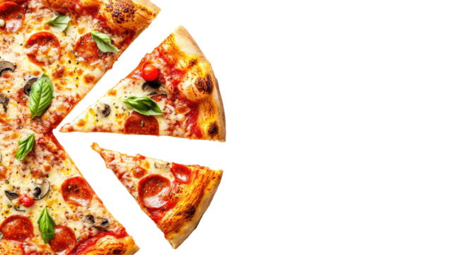 Delicious pizza slices cut from whole pie, isolated on transparent background