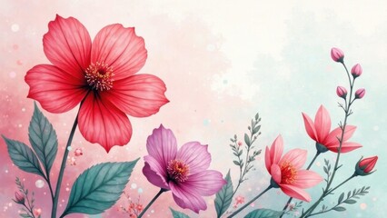 Enchanted Floral Design Featuring Delicate Pink and Vibrant Red Blossoms on a Soft Watercolor Background