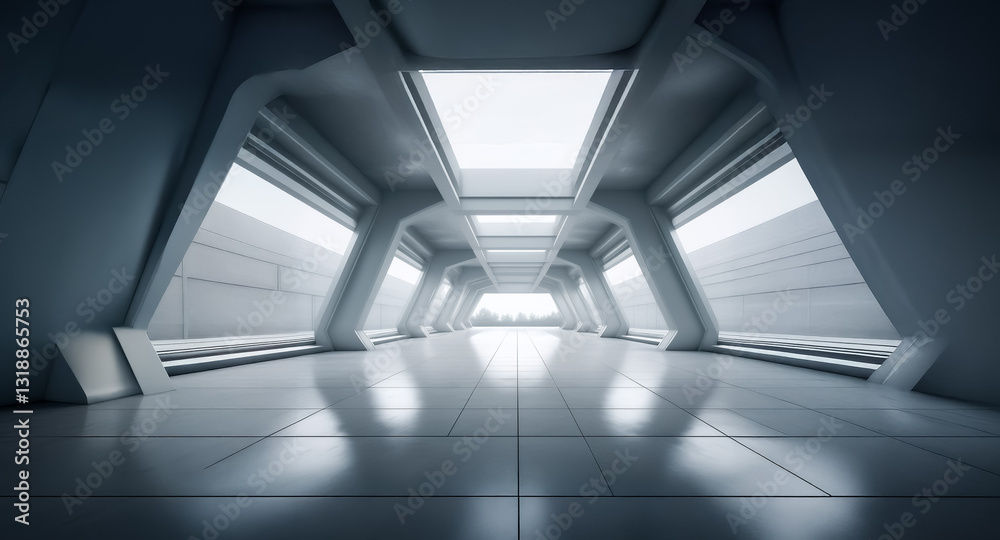 Poster sleek, empty corridor with white pillars and bright skylight. modern architectural design with tiled