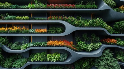 Vertical garden installation showcasing vibrant plants in a modern architectural setting