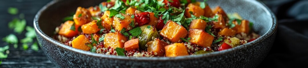 A delicious plate of roasted Brussels sprouts and sweet potatoes served with quinoa. Generative AI