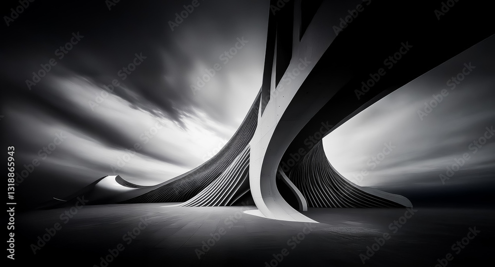 Poster striking monochrome image of an abstract architectural structure featuring a dynamic curved form wit