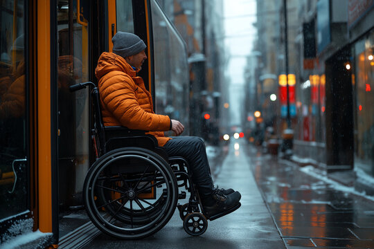 Photo d&rsquo;une personne en fauteuil roulant descendant du tramway / bus sous la pluie sur un trottoir urbain, captur&eacute;e sous une lumi&egrave;re naturelle qui met en valeur l&rsquo;atmosph&egrave;re hivernale