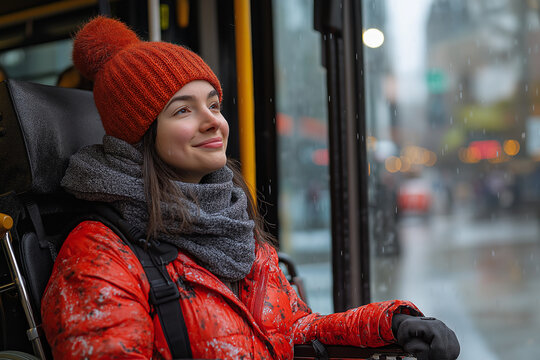 Photo en gros plan d&rsquo;une femme souriante en fauteuil roulant &agrave; l&rsquo;int&eacute;rieur d&rsquo;un bus, habill&eacute;e chaudement avec une &eacute;charpe et un bonnet rouge, capturant un instant de s&eacute;r&eacute;nit&eacute;
