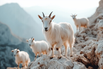 Fototapeta premium Goats display their impressive climbing skills as they traverse rugged stones in a breathtaking mountainous setting. Their agility and grace highlight nature's beauty in early morning light