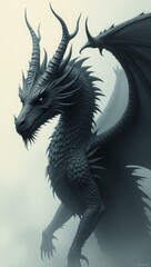 Fototapeta premium Generative AI Monochrome Dragon Fantasy Creature Dark Art dragon fantasy creature scales horns wings monochrome grey reptile detailed power myth fantasy art darkness - Make a statement.