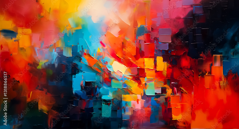Poster vivid abstract painting with dynamic color interplay. bold brushstrokes and blocks of red, orange, y
