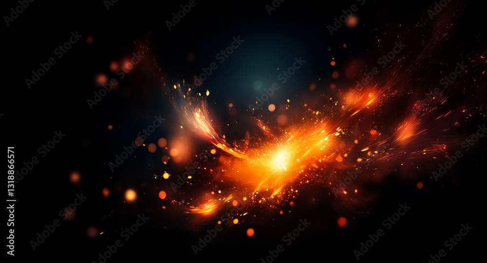 Aufkleber Vibrant burst of orange and yellow light streaks across a dark background, creating an abstract fiery explosion effect with bokeh elements.