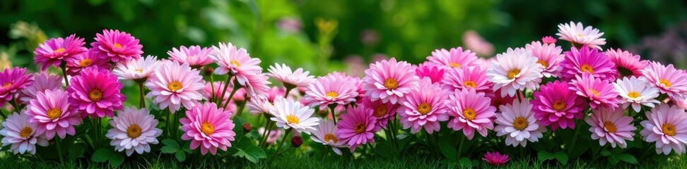 Obraz premium Densely packed perennial flowers in shades of pink, purple and white, against a green garden backdrop, grass, foliage, garden backs