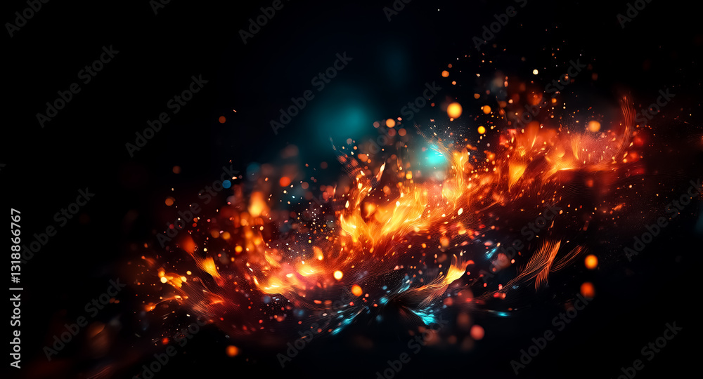 Poster a dynamic display of fiery orange and red sparks erupting against a stark black backdrop, with cool 