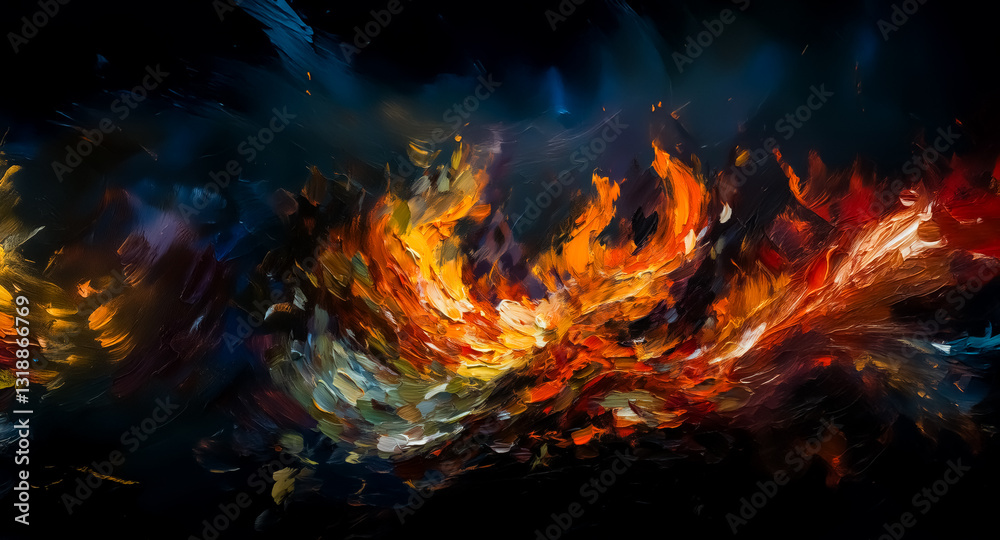 Poster Vibrant abstract artwork featuring fiery strokes of orange, red, and yellow blending against a dark backdrop, creating a dynamic explosion of color.