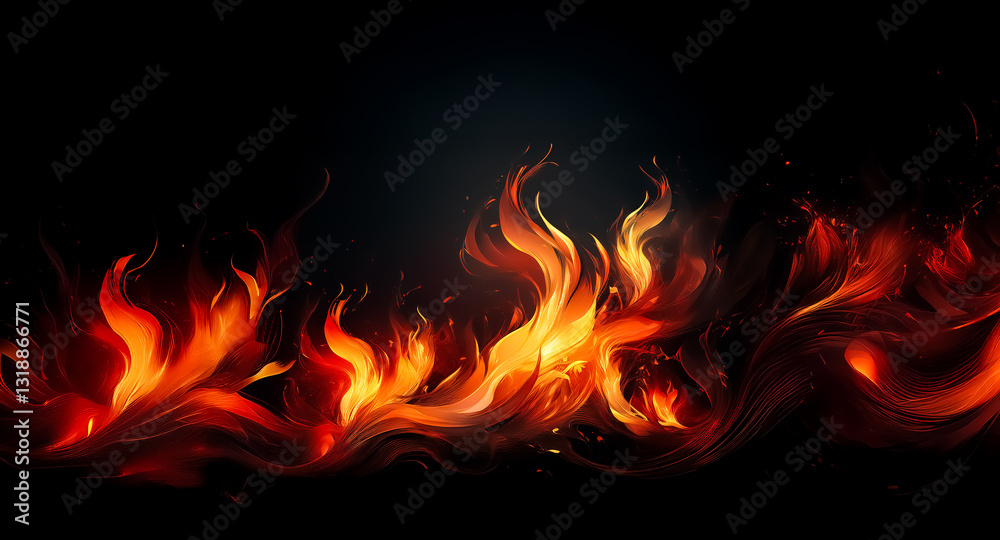Poster vivid flames erupt against a stark black backdrop, a dynamic display of fiery energy with intense or