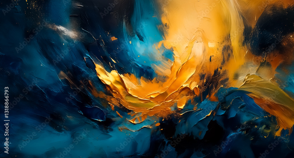 Poster abstract painting featuring dynamic brushstrokes in rich hues of deep blue and vibrant gold, creatin