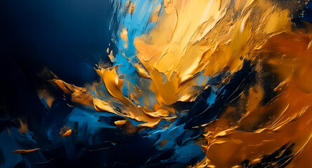 Abstract painting featuring dynamic brushstrokes in contrasting colors of deep blue and vibrant gold, creating a textured and expressive visual artwork.