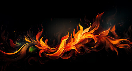 Abstract fiery swirls dance across a dark backdrop, creating an energetic and warm display. Dynamic shapes intertwine with shades of orange, yellow, and brown, evoking a sense of movement and intensit