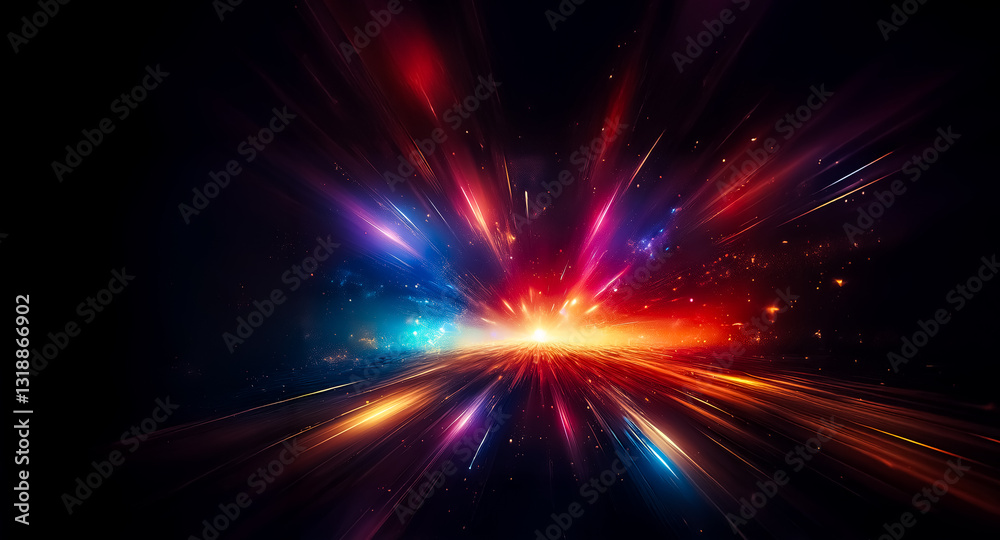 Leinwandbilder Abstract vibrant light streaks explode from a central point against a dark backdrop, creating a dynamic and energetic visual effect with bright colors.