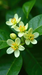 Obraz premium Delicate feijoa flowers on green leaves background, nature, green, flowers