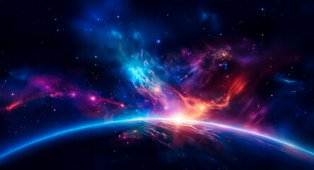 A cosmic vista reveals a glowing planet with vibrant nebulae in blue, purple, red, and orange against the dark space. Stellar clouds illuminate the horizon.