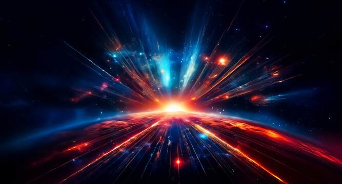 Explosive cosmic burst of light emanating from a planet in deep space. Vibrant blue and red colors illuminate the scene in a radial pattern.