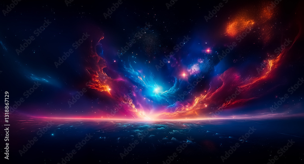 Poster vibrant cosmic scene with nebulae and stars illuminating the dark expanse. colorful clouds and glowi