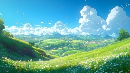 A beautiful sunny day over rolling green hills and valleys