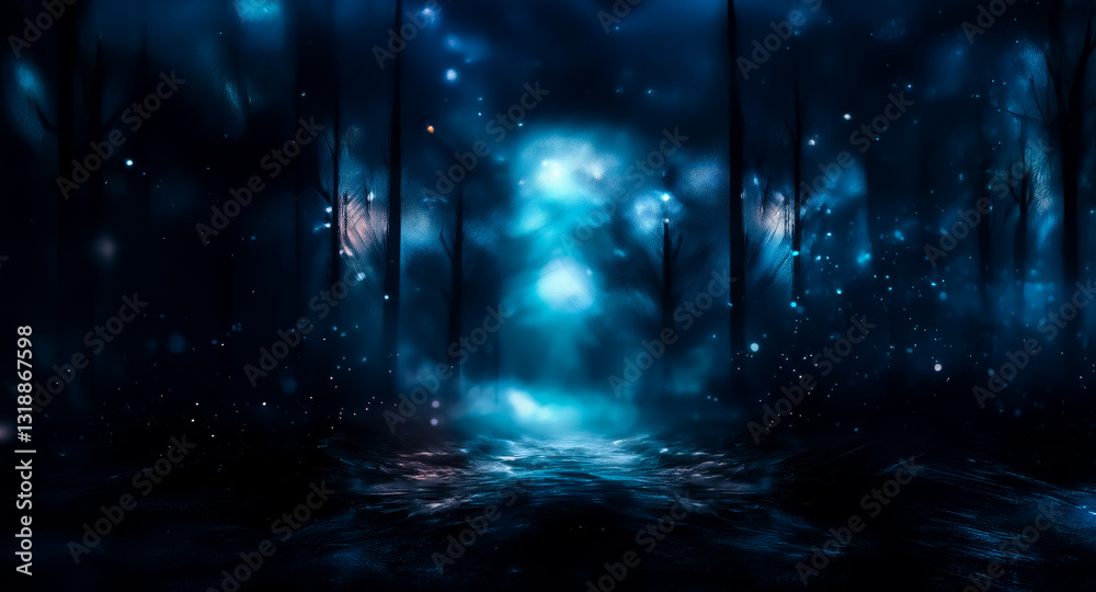 Poster Mysterious dark scene with blue light emanating from the center, creating a moody and atmospheric ambiance. Looks like a surreal nighttime forest.