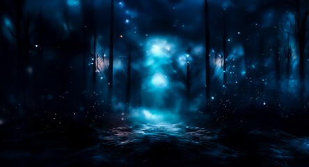 Fototapeta premium Mysterious dark scene with blue light emanating from the center, creating a moody and atmospheric ambiance. Looks like a surreal nighttime forest.