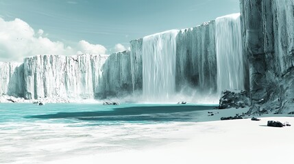 Fototapeta premium Frozen Waterfall Winter Landscape with Icy Cliffs and Snow