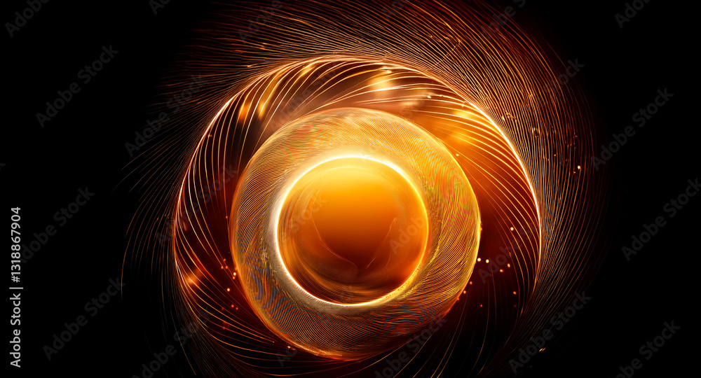 Poster abstract image of swirling orange and golden light forming a vortex against a dark background, evoki