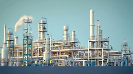 Industrial refinery with metal structures and pipelines under a clear blue sky