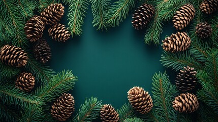 Naklejka premium Evergreen Branches and Pine Cones Form a Festive Circular Composition