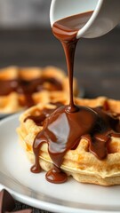 Chocolate drizzle pouring over fluffy waffles, chocolate, sweet