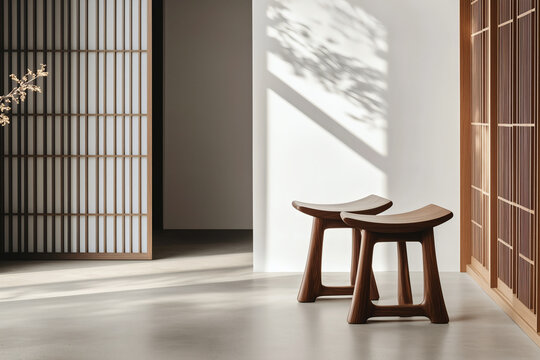 Minimalist wooden stools in a serene space.