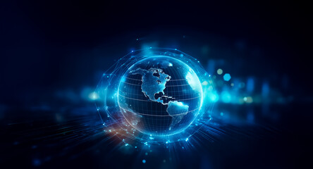 A digital globe is depicted with bright blue lines and points of light, set against a blurred dark backdrop.  It conveys concepts of global connectivity, technology, and a modern, futuristic world.